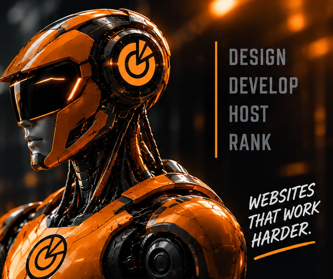 Orange and black humanoid robot marked with the CTO logo beside the words design, develop, host, rank